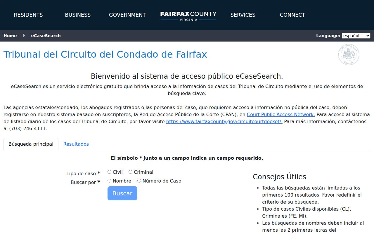 Lorton resident lookup Fairfax eCaseSearch form