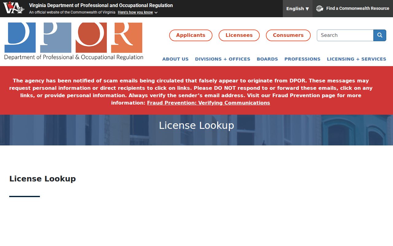 Lorton resident lookup Virginia DPOR license search