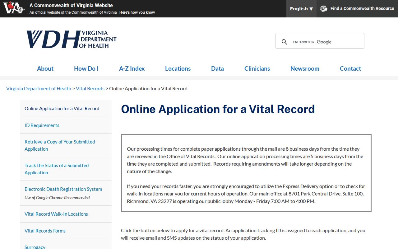 Lorton resident lookup Virginia vital record application